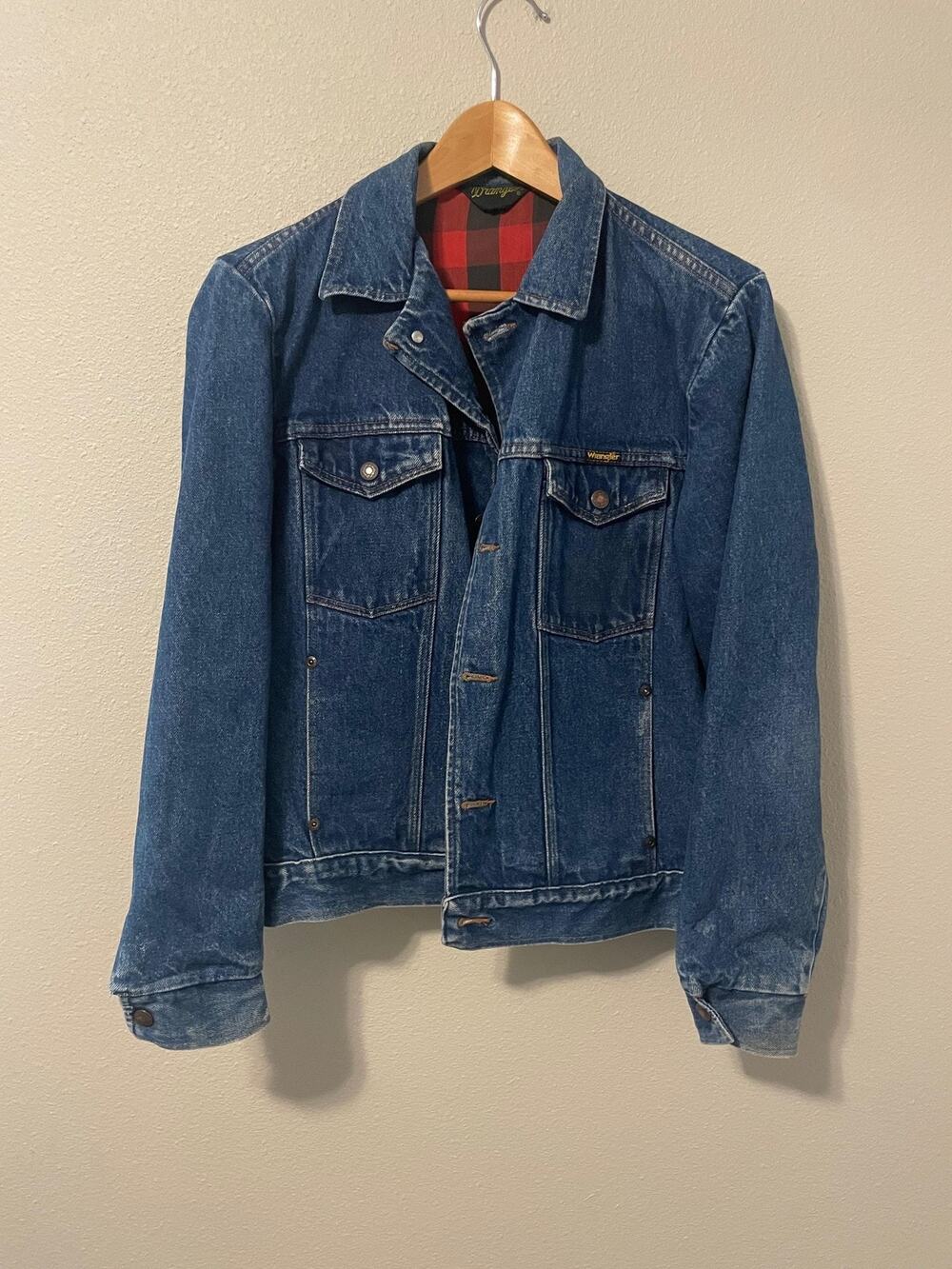 Vintage Wrangler Jacket Mens Medium Blue Denim Plaid Lined Western Bomber READ